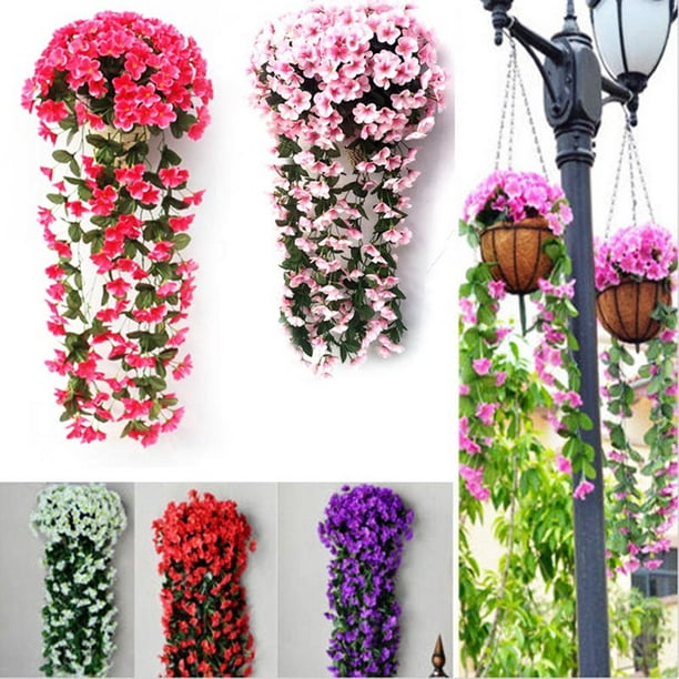 Hanging Wall Artificial Fake Violet Flower Rattan Plant Basket Decor Accessaries